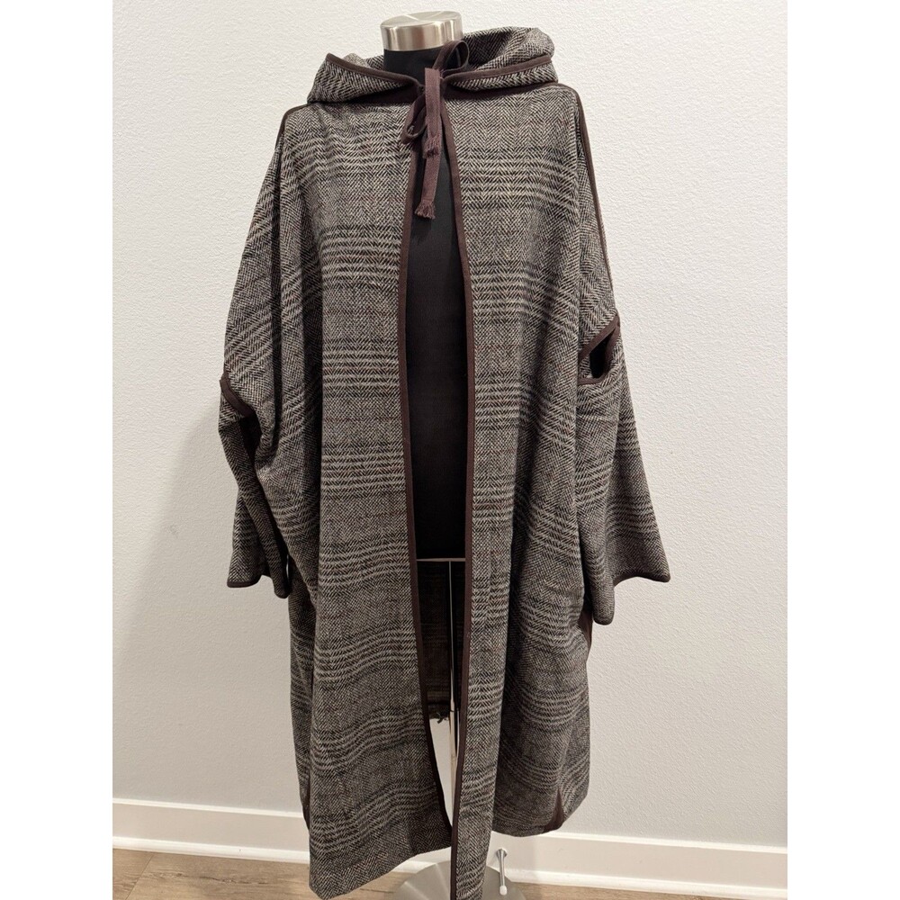 BEULAH Style Women Cotton-Blend Open Front Hooded Coat Brown One Size